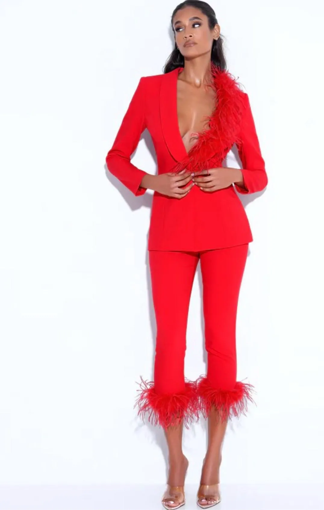 SUIT BLAZER WITH FEATHER TRIM
