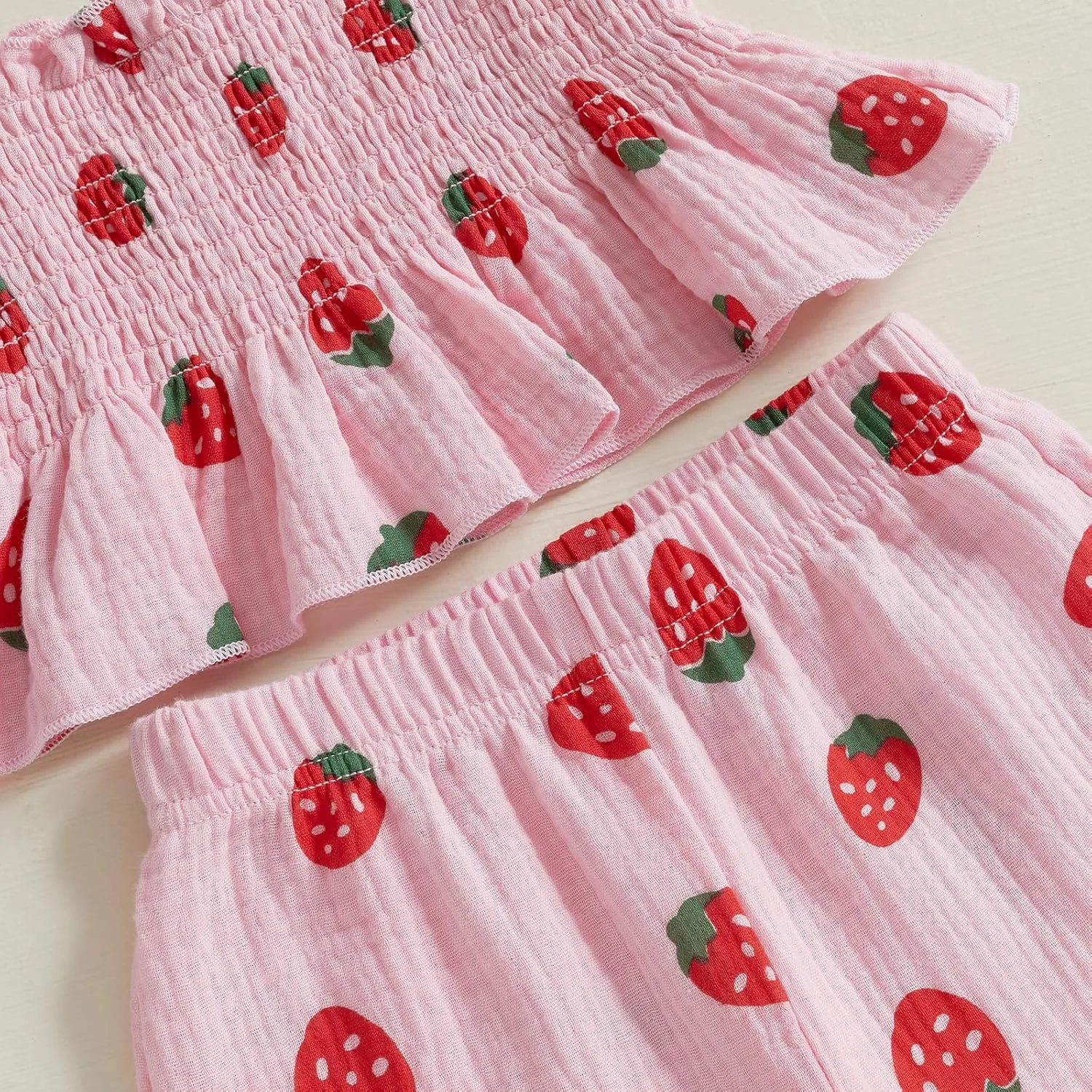 Toddler Baby Girl Strawberry Outfit Cotton Linen Sleeveless Ruffle Crop Tops Pants Set 2Pcs Cute Summer Clothes
