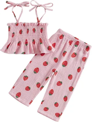 Toddler Baby Girl Strawberry Outfit Cotton Linen Sleeveless Ruffle Crop Tops Pants Set 2Pcs Cute Summer Clothes