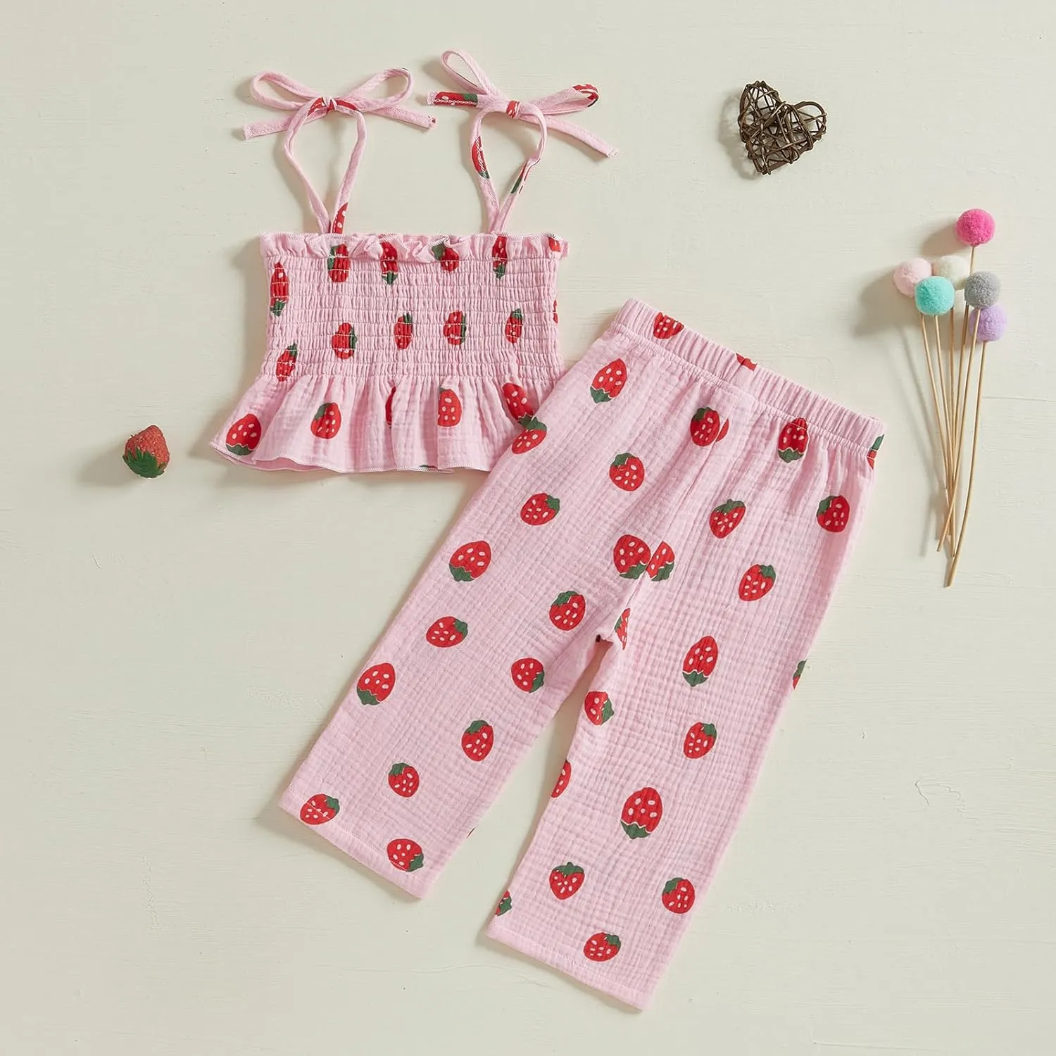 Toddler Baby Girl Strawberry Outfit Cotton Linen Sleeveless Ruffle Crop Tops Pants Set 2Pcs Cute Summer Clothes