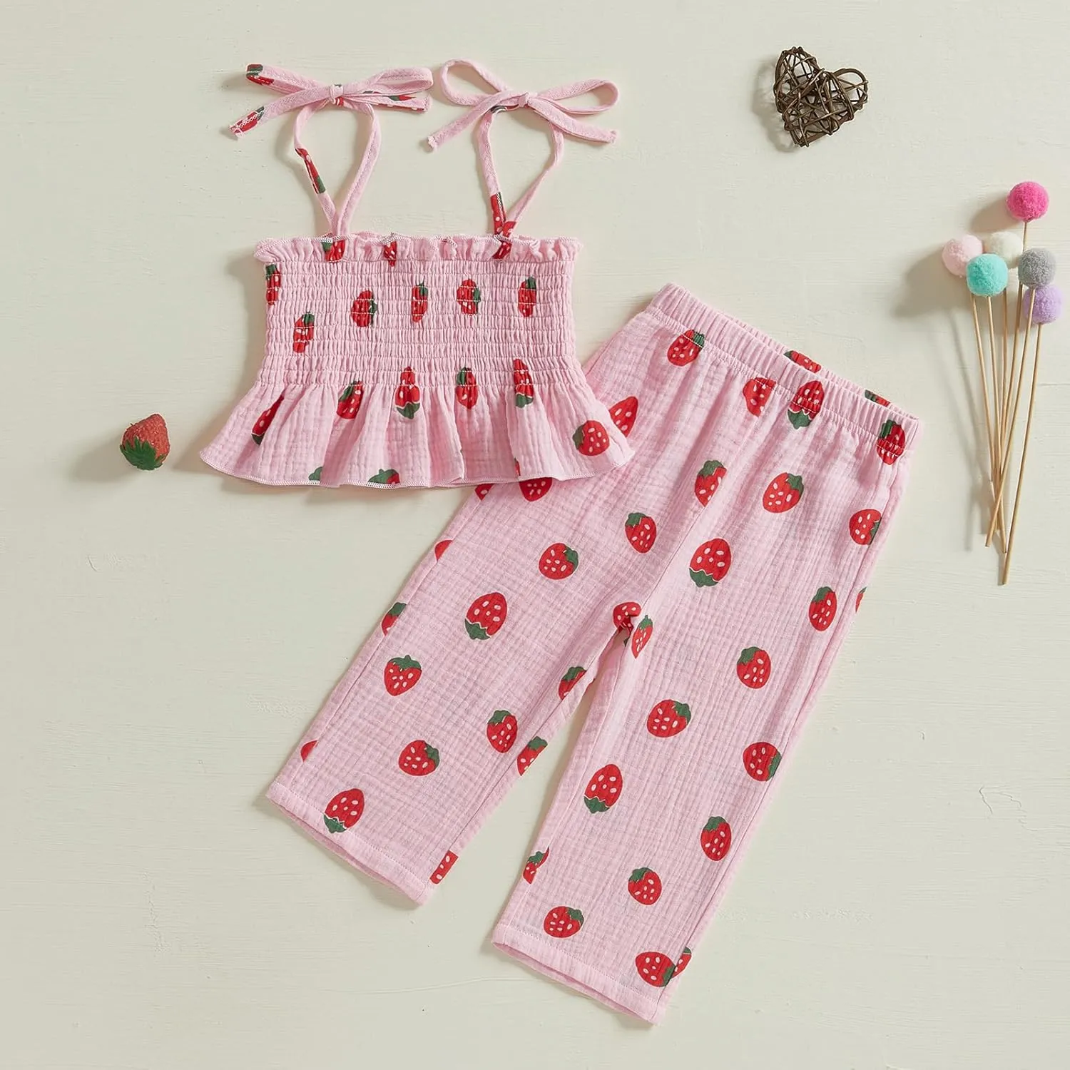 Toddler Baby Girl Strawberry Outfit Cotton Linen Sleeveless Ruffle Crop Tops Pants Set 2Pcs Cute Summer Clothes