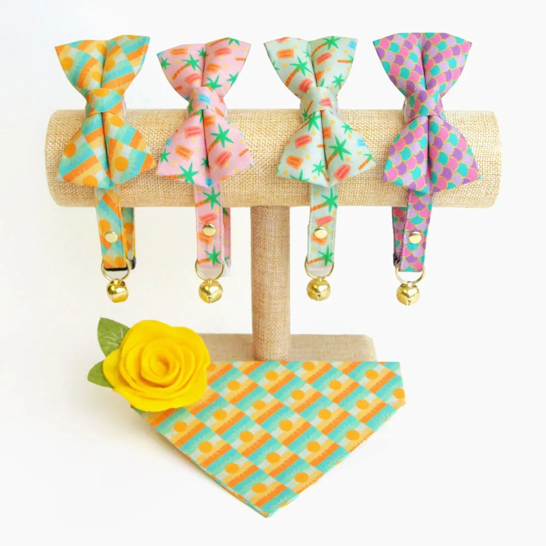 Tropical Cat Bow Tie - "Palms & Popsicles - Green" - Palm Trees Bow Tie for Cat / Pastel Summer Beach Popsicle / Cat   Small Dog Bowtie