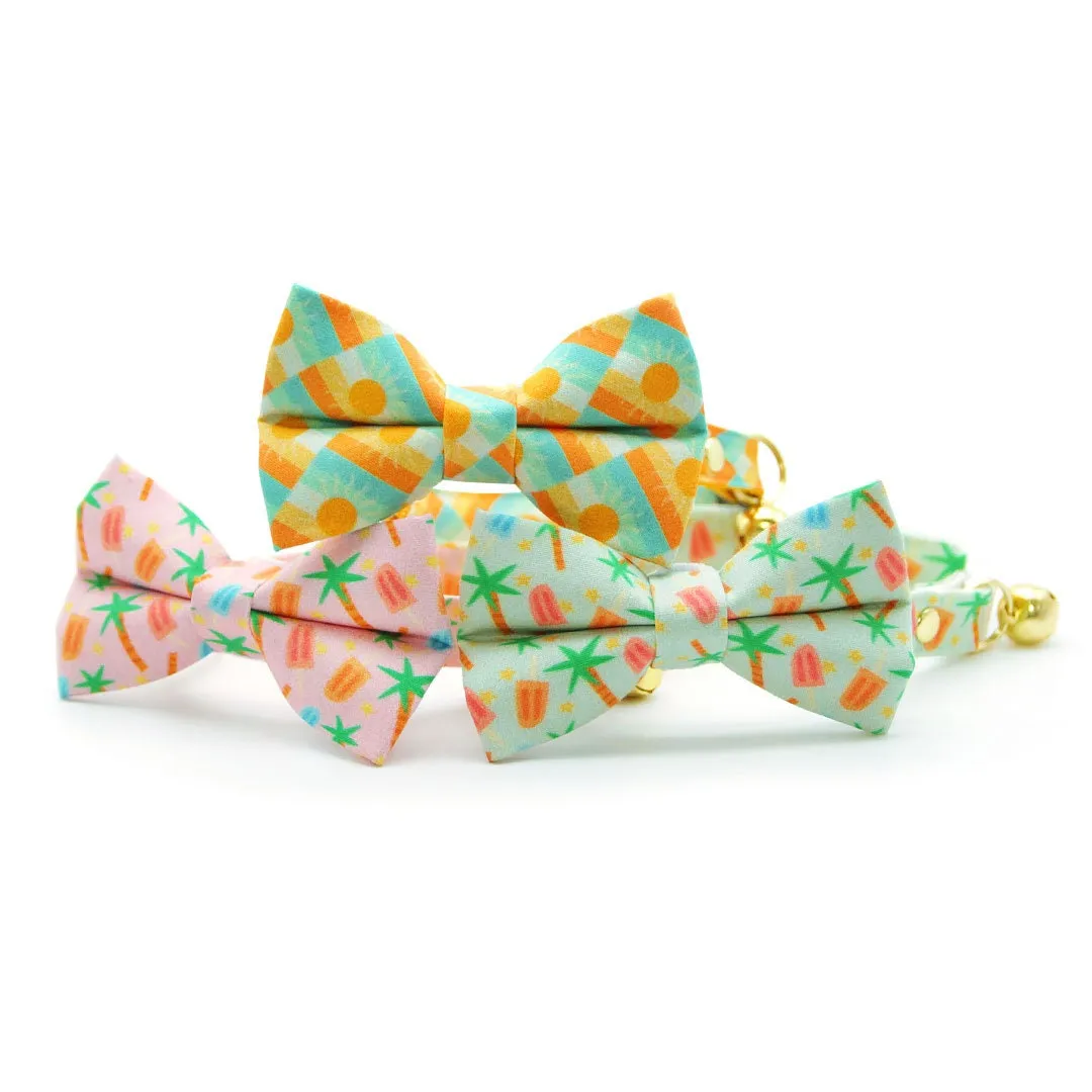 Tropical Cat Bow Tie - "Palms & Popsicles - Green" - Palm Trees Bow Tie for Cat / Pastel Summer Beach Popsicle / Cat   Small Dog Bowtie