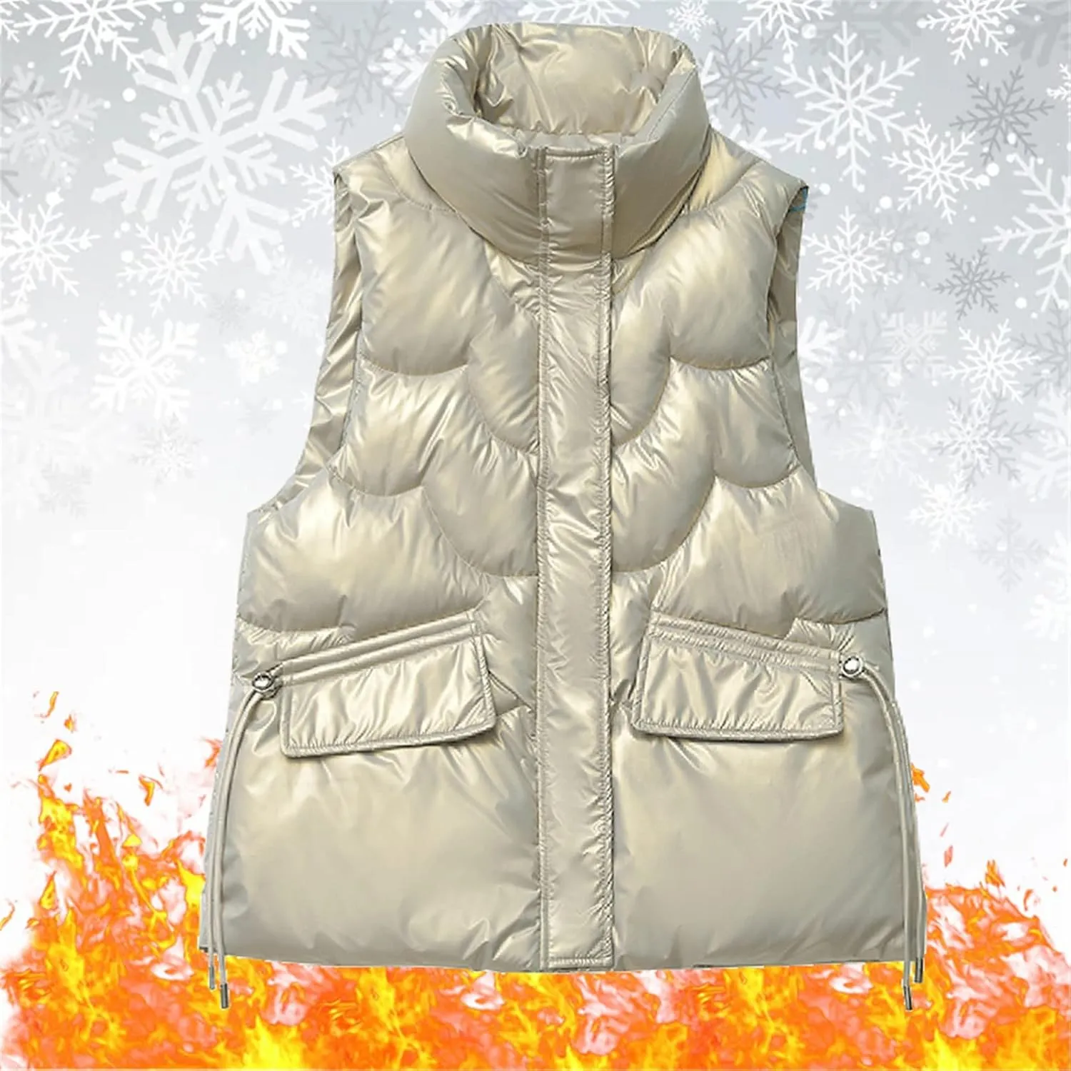 Women Shiny Puffer Vest Winter Warm Sleeveless Pluffy Down Jackets Zip Up Stand Collar Coat Gilet with Flap Pockets
