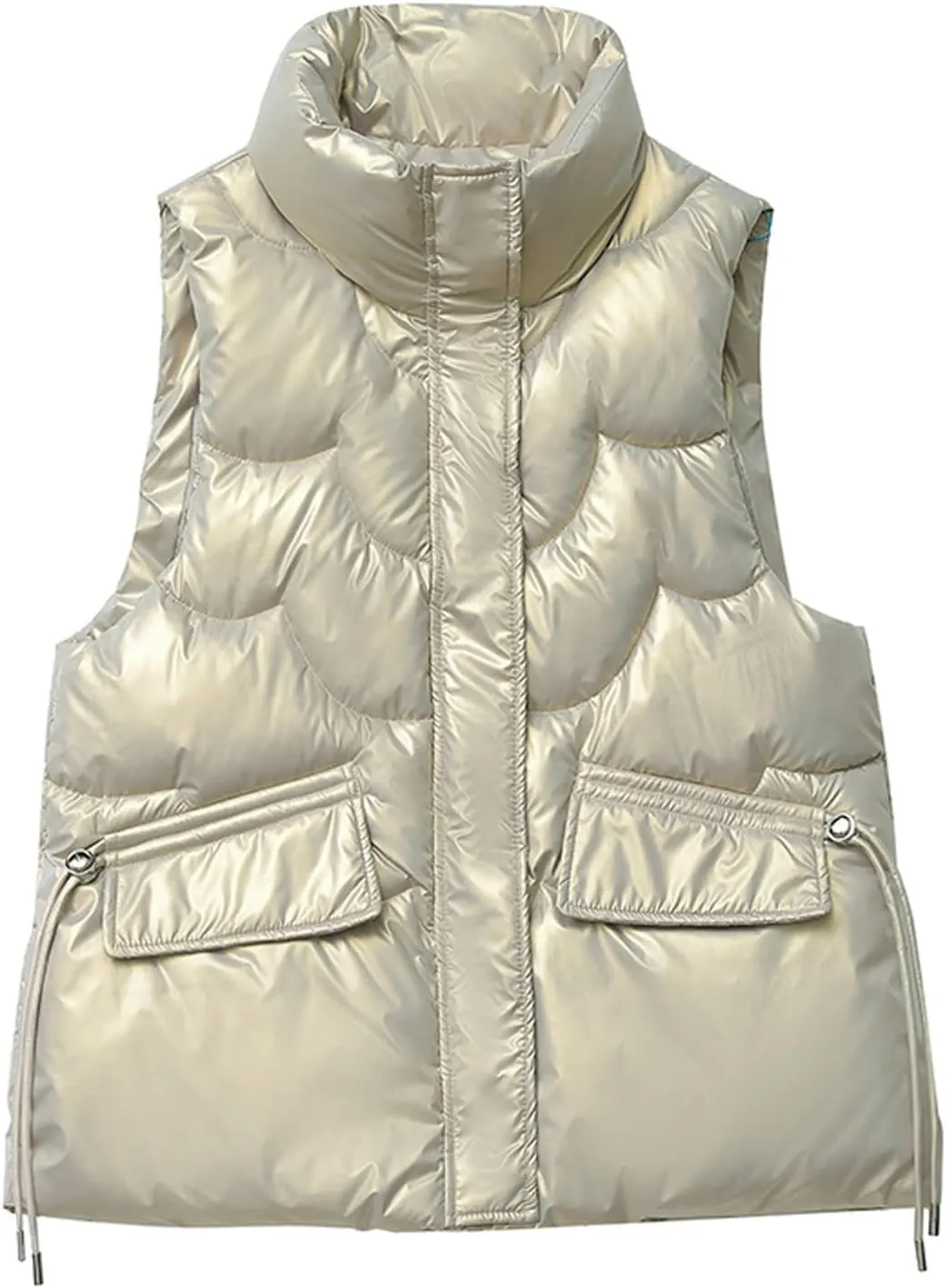 Women Shiny Puffer Vest Winter Warm Sleeveless Pluffy Down Jackets Zip Up Stand Collar Coat Gilet with Flap Pockets