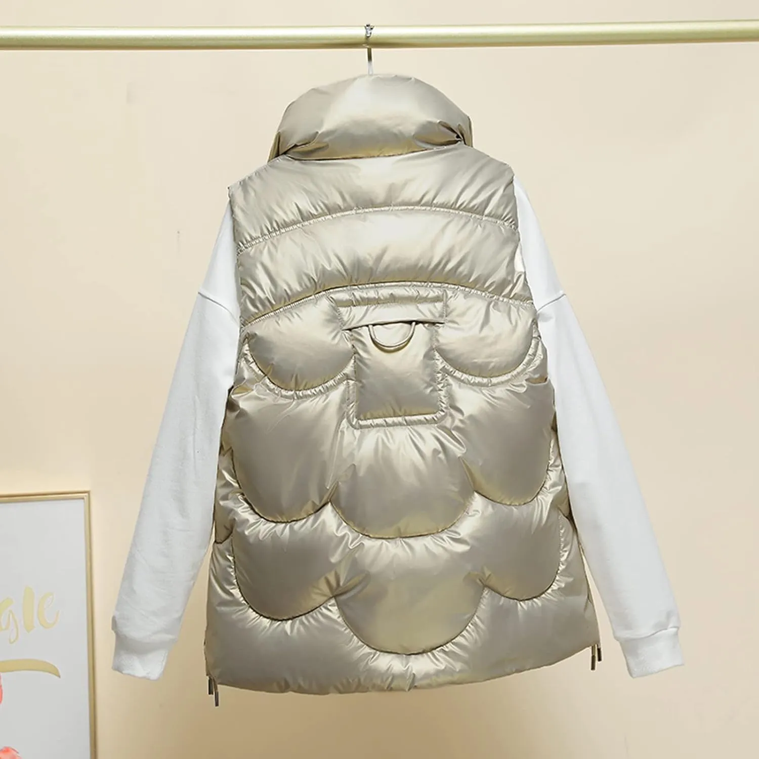Women Shiny Puffer Vest Winter Warm Sleeveless Pluffy Down Jackets Zip Up Stand Collar Coat Gilet with Flap Pockets