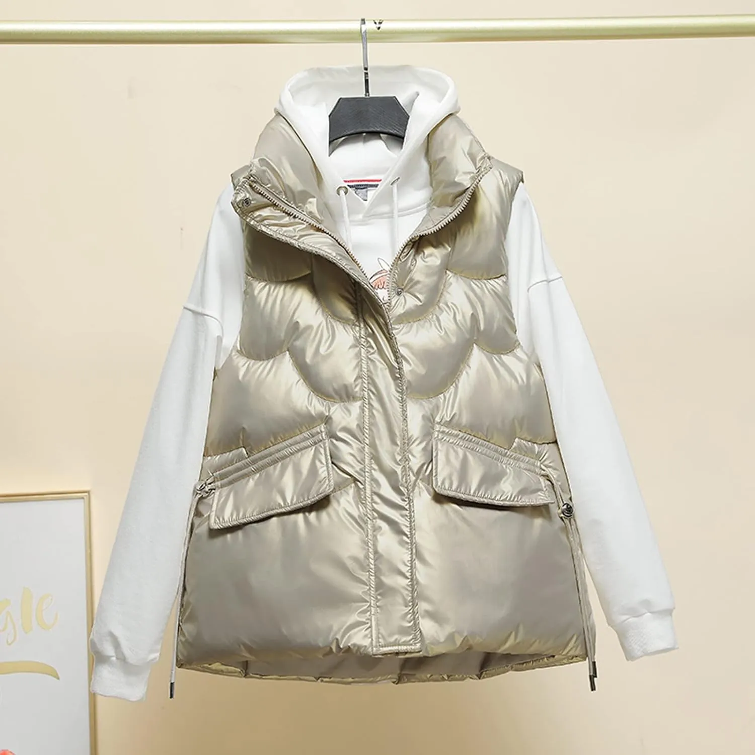 Women Shiny Puffer Vest Winter Warm Sleeveless Pluffy Down Jackets Zip Up Stand Collar Coat Gilet with Flap Pockets