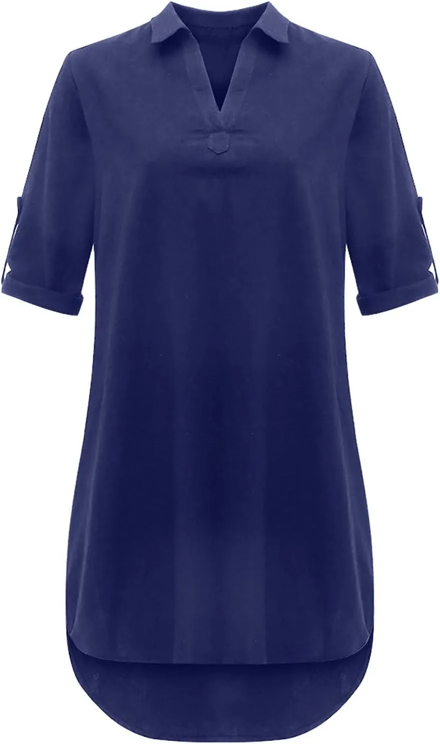 Women Shirt Dress Plus Size Rolled Sleeve Buttons V Neck T-Shirt Dresses Turn Down Collar Cotton Linen Short Dress