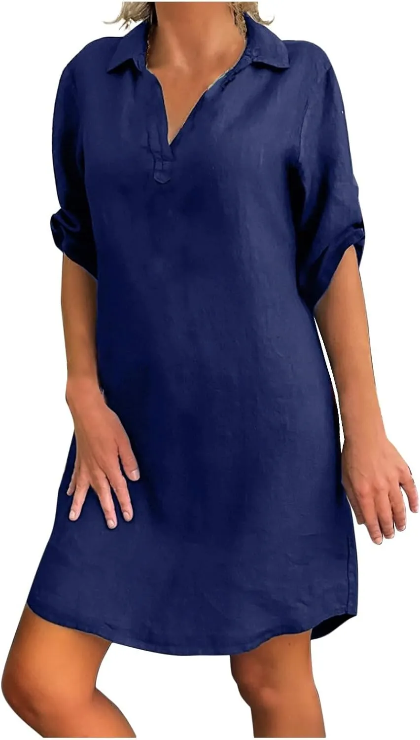 Women Shirt Dress Plus Size Rolled Sleeve Buttons V Neck T-Shirt Dresses Turn Down Collar Cotton Linen Short Dress