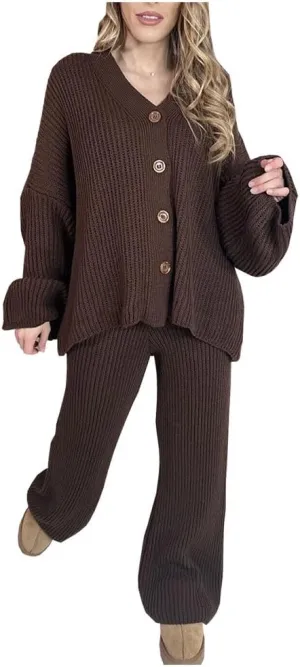 Womens Italian Knitted 4 Button Cardigan Tops Set Ladies Co-Ord Wide Leg Lounge Wear Jogger Tracksuits