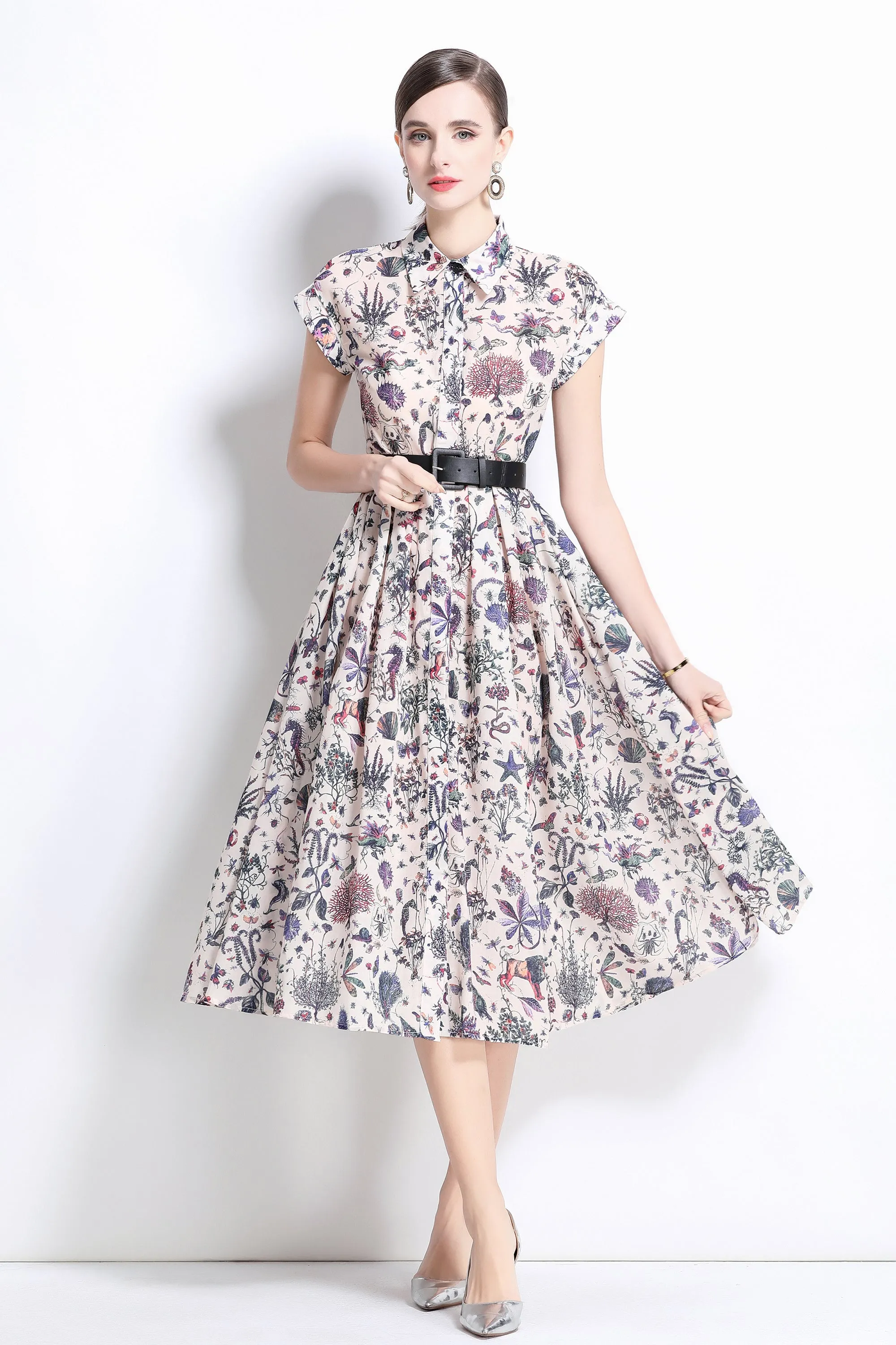 Women's Printed Collar Neck Short Sleeve MIDI Dress