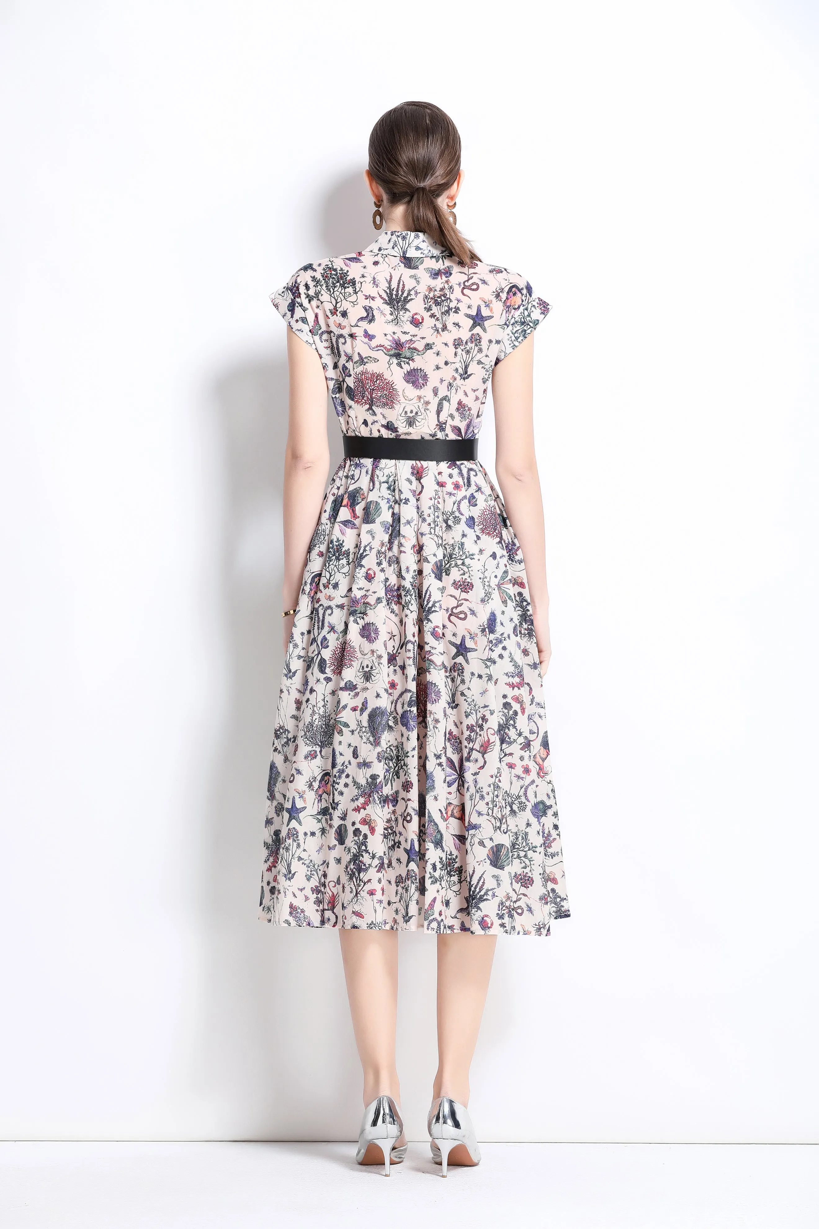 Women's Printed Collar Neck Short Sleeve MIDI Dress