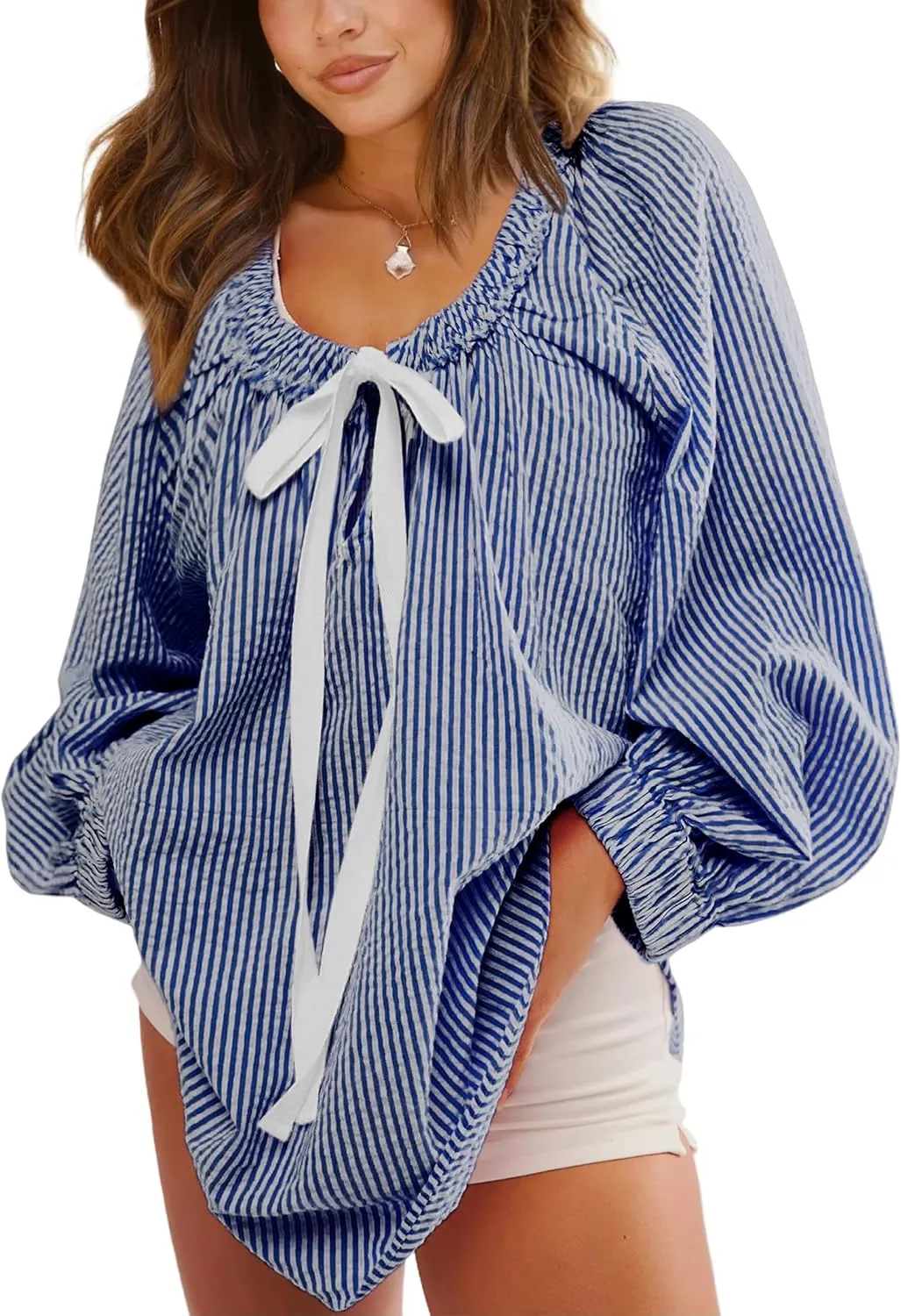 Womens Striped Blouse Long Sleeve Shirts Bow Tie Front Casual Loose Tunic Tops