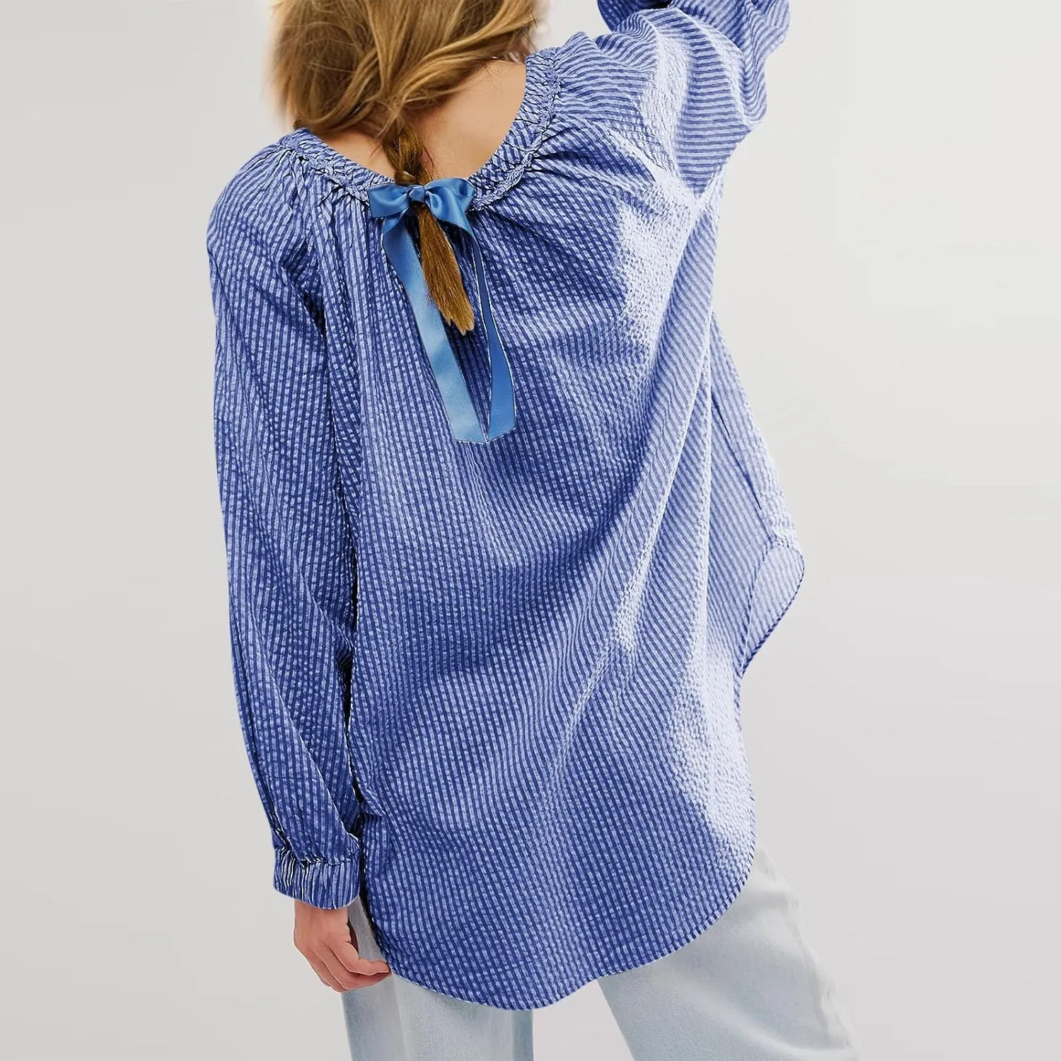 Womens Striped Blouse Long Sleeve Shirts Bow Tie Front Casual Loose Tunic Tops