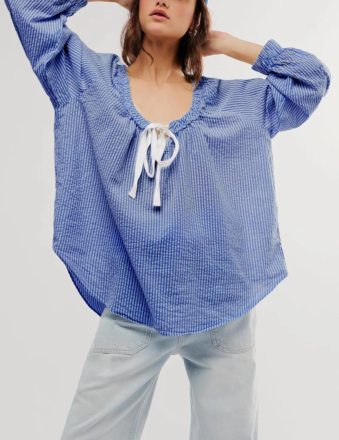 Womens Striped Blouse Long Sleeve Shirts Bow Tie Front Casual Loose Tunic Tops