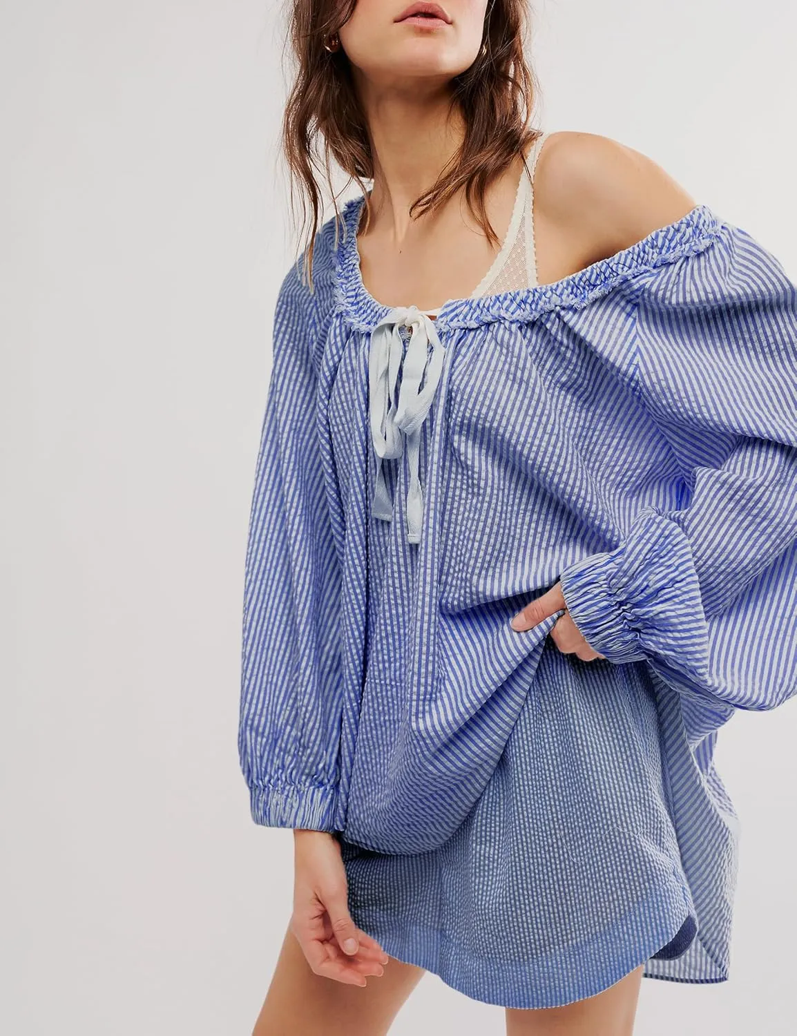 Womens Striped Blouse Long Sleeve Shirts Bow Tie Front Casual Loose Tunic Tops